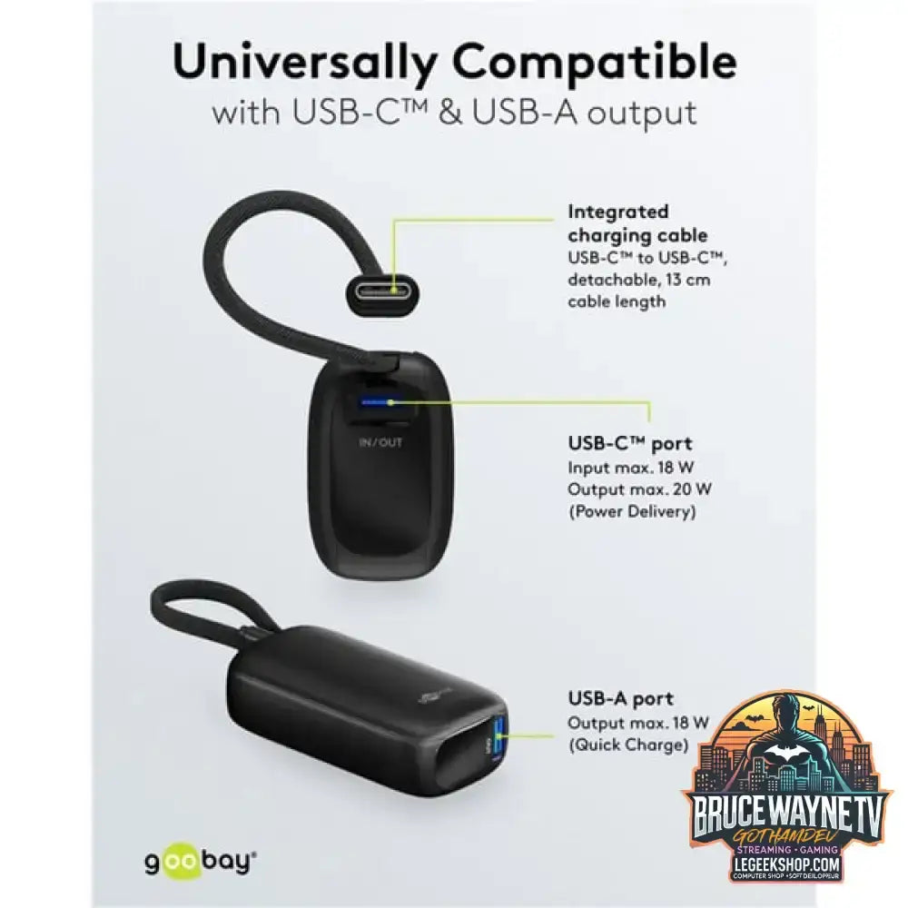 goobay Powerbank 5.000 mAh, integriertes USB-C Kabel 13cm, 20 Watt schwarz, 5 Ah, 1x USB-A, 1x USB-C, PD, QC - Stromquelle: USB-C - vue 5