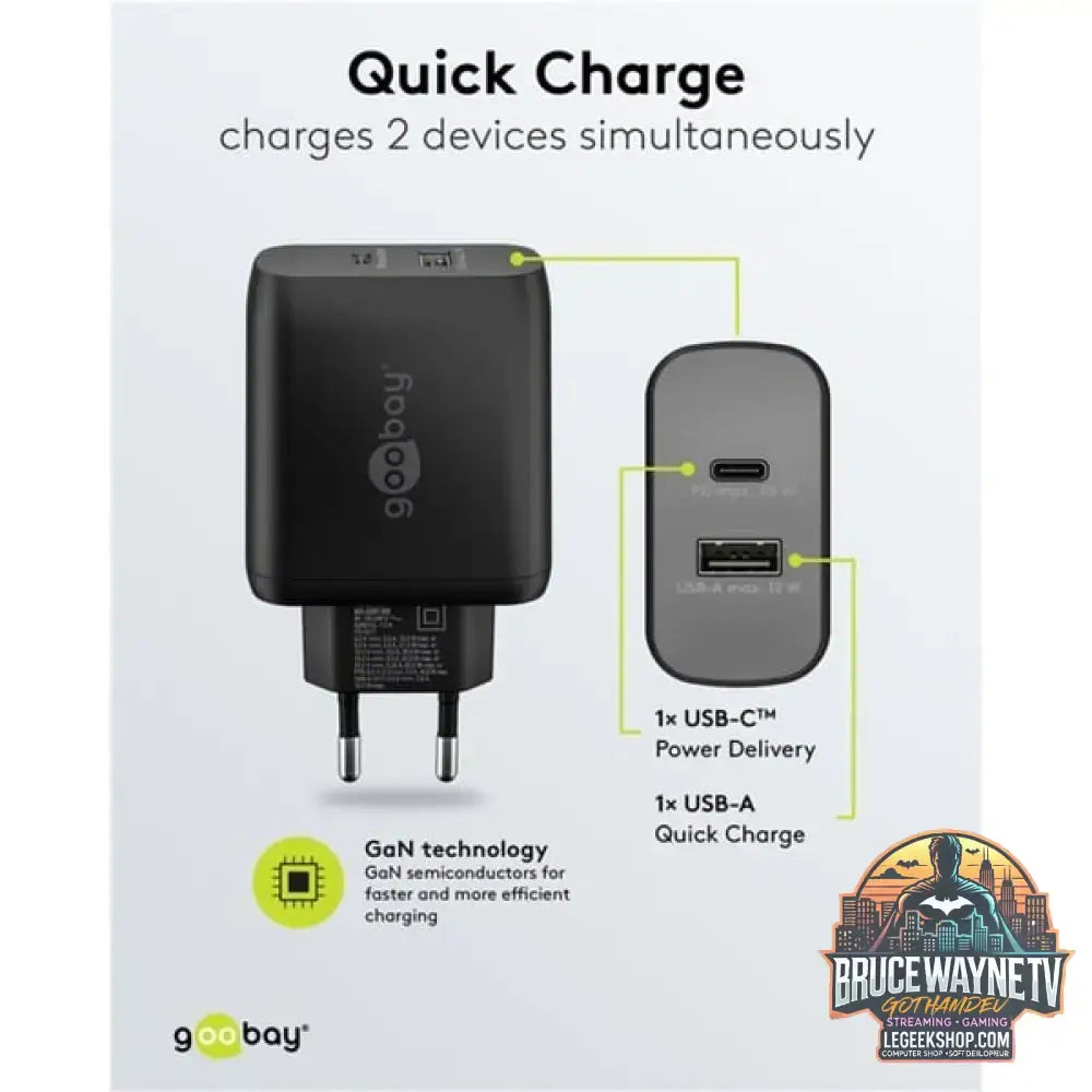 goobay USB-C Dual-Schnellladegerät, PD, GaN, 65 Watt schwarz, 1x USB-C, 1x USB-A, Power Delivery - goobay - vue 6