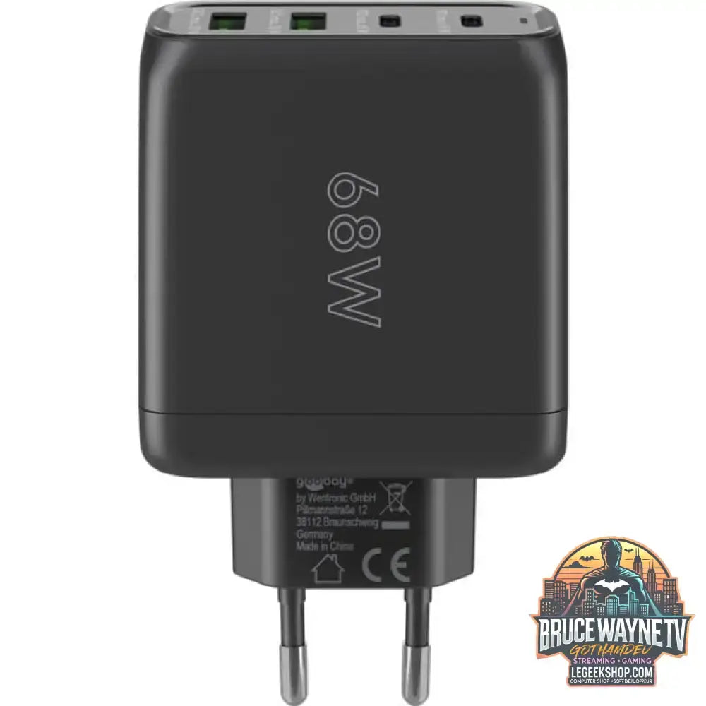 goobay USB-C Multiport-Schnellladegerät, PD, GaN, 68 Watt schwarz, 2x USB-C, 2x USB-A, Power Delivery, QuickCharge - goobay - vue 3