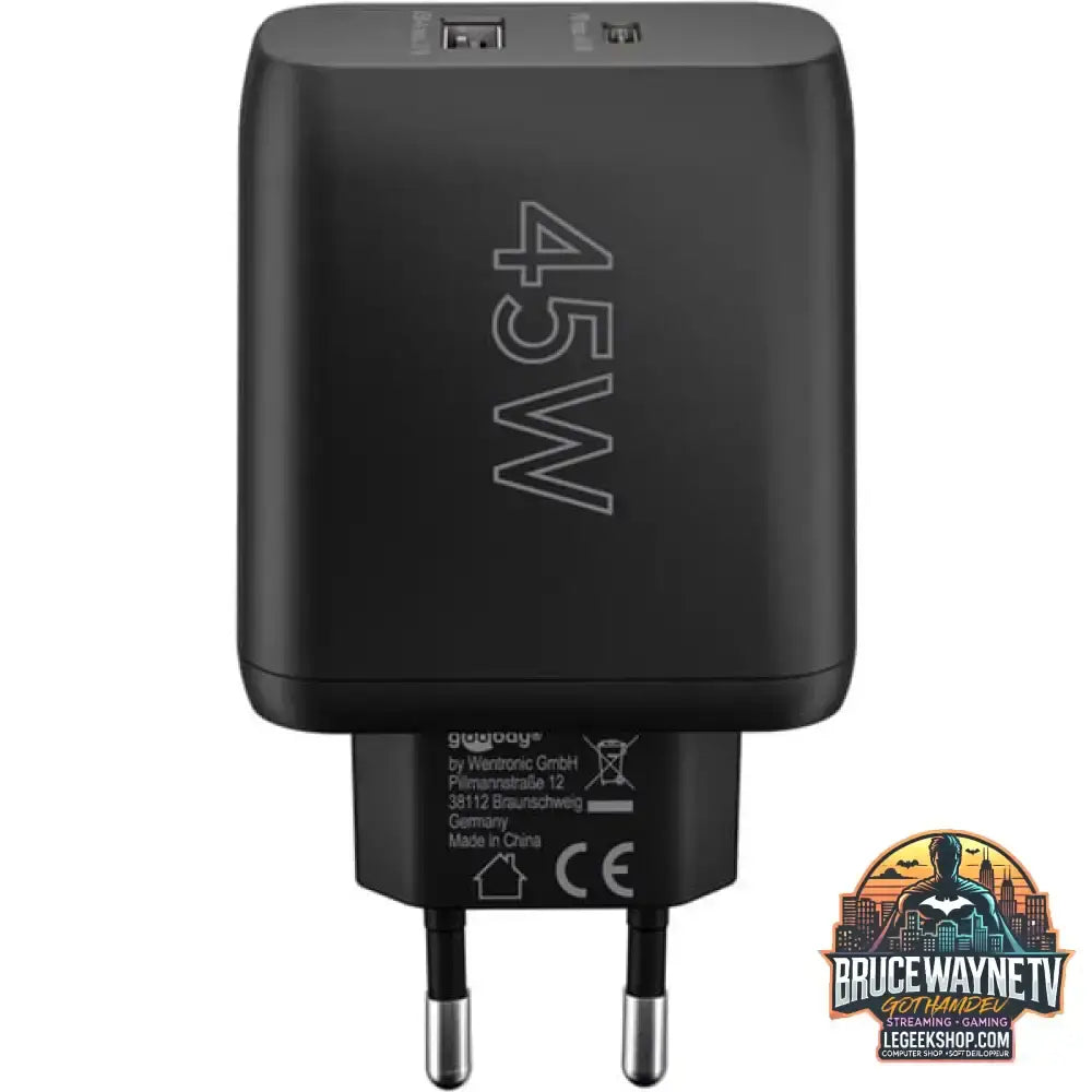 goobay USB-C PD Dual-Schnellladegerät 45 Watt schwarz, 1x USB-A, 1x USB-C PD, GaN-Technologie - goobay - vue 3