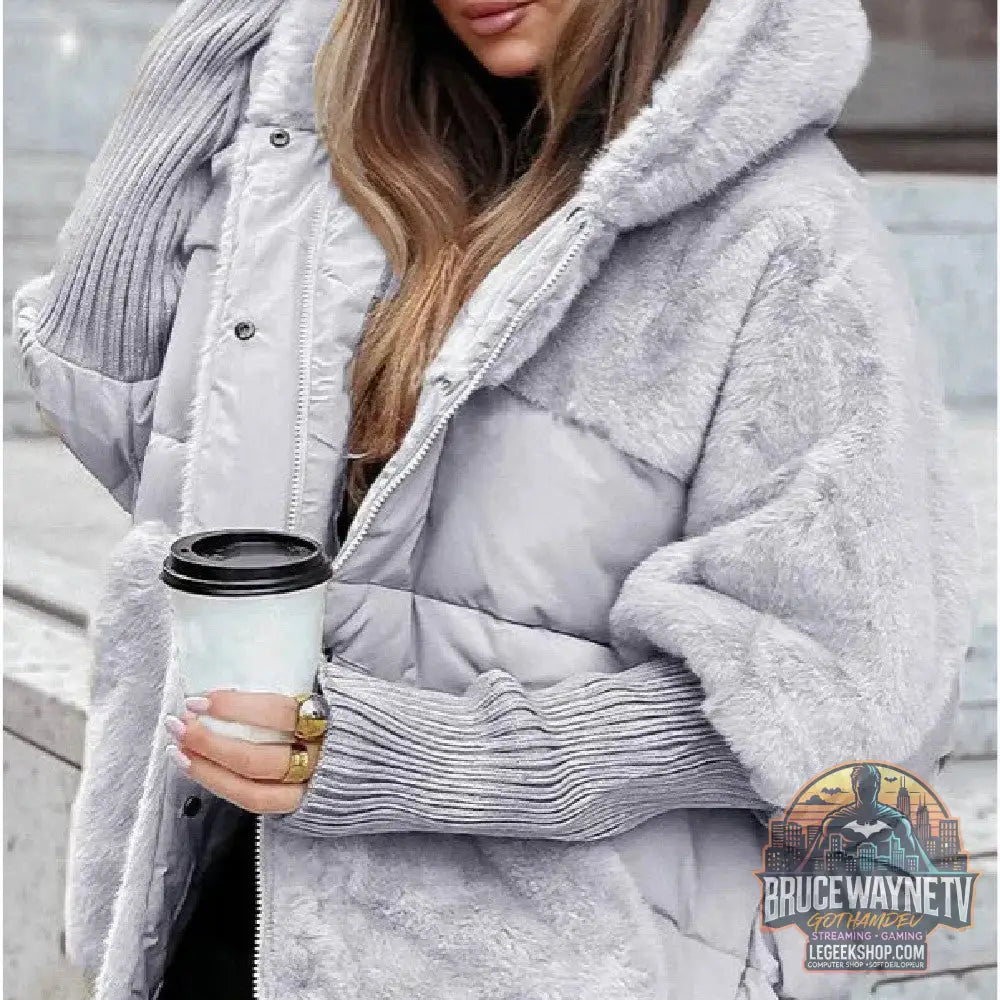🧥 Manteau Femme Coton Fausse Fourrure Capuche Loose 🧥 - Gray / S - Manteau Femme