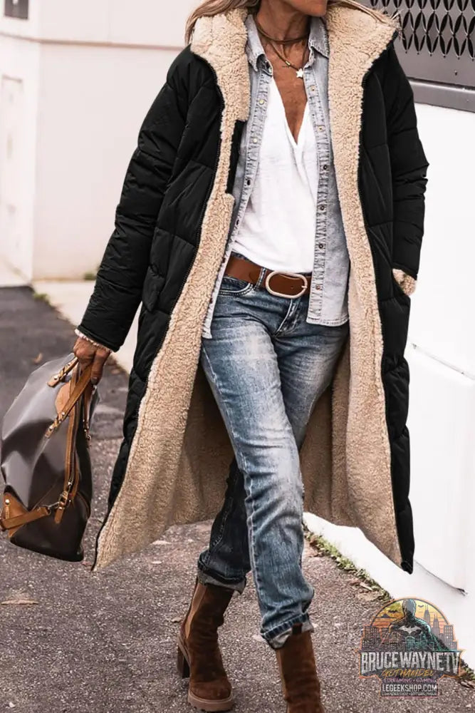 Manteau Long Capuche Hiver Réversible Élégant Femme - Black / L - Manteau Femme