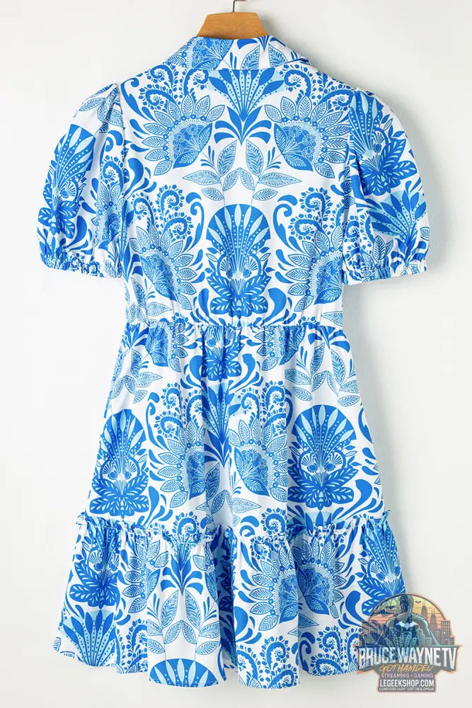 Mini-robe à volants à la taille avec cordon de serrage et imprimé floral rétro bleu ciel - Dresses/Floral Dresses