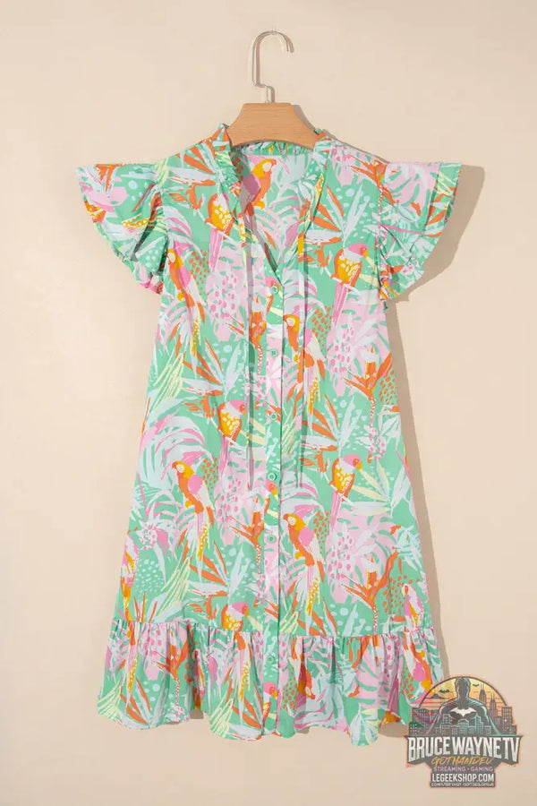 Robe boutonnée à manches flottantes et à volants floraux abstraits vert - Green / S / 100% Cotton - Dresses/Floral
