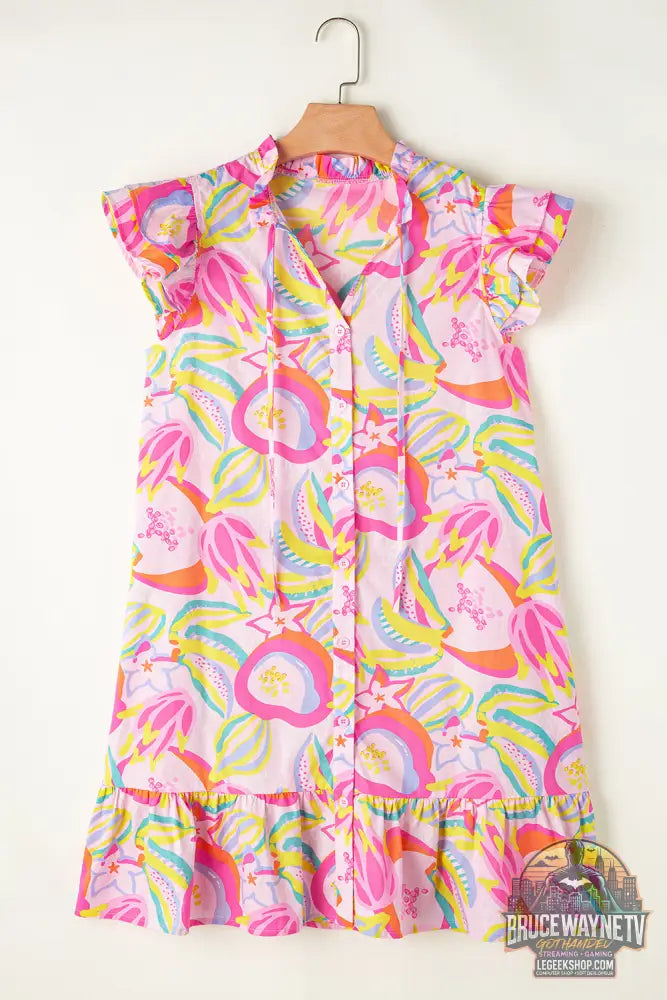 Robe boutonnée à manches flottantes et à volants floraux abstraits vert - Dresses/Floral Dresses