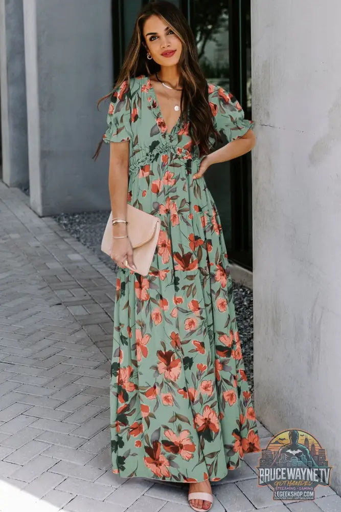 Robe longue à imprimé floral ardent et à volants col en V manches courtes bleu ciel - Dresses/Maxi Dresses