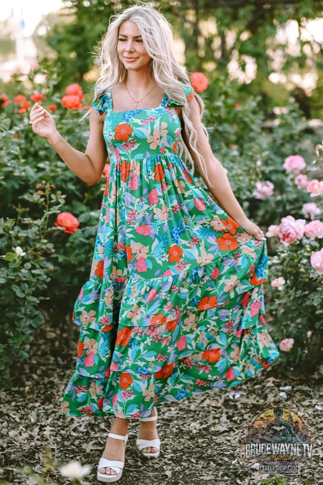 Robe longue à volants et à volants sans manches à imprimé floral vert - Dresses/Floral Dresses