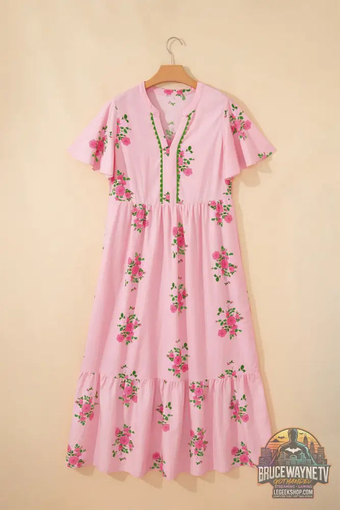 Robe Longue Femme – Florale · Col Cranté · Manches Courtes Flottantes · Taille Haute · 2 Coloris - Robe Femme
