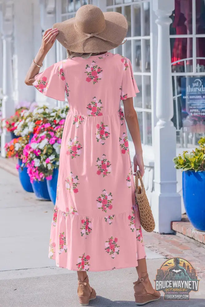 Robe Longue Femme – Florale · Col Cranté · Manches Courtes Flottantes · Taille Haute · 2 Coloris - Robe Femme