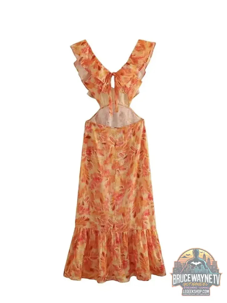 Robe longue Orange pour femmes mode d’été Sexy col en v sans manches dos nu imprimé à volants ajouré robes de plage