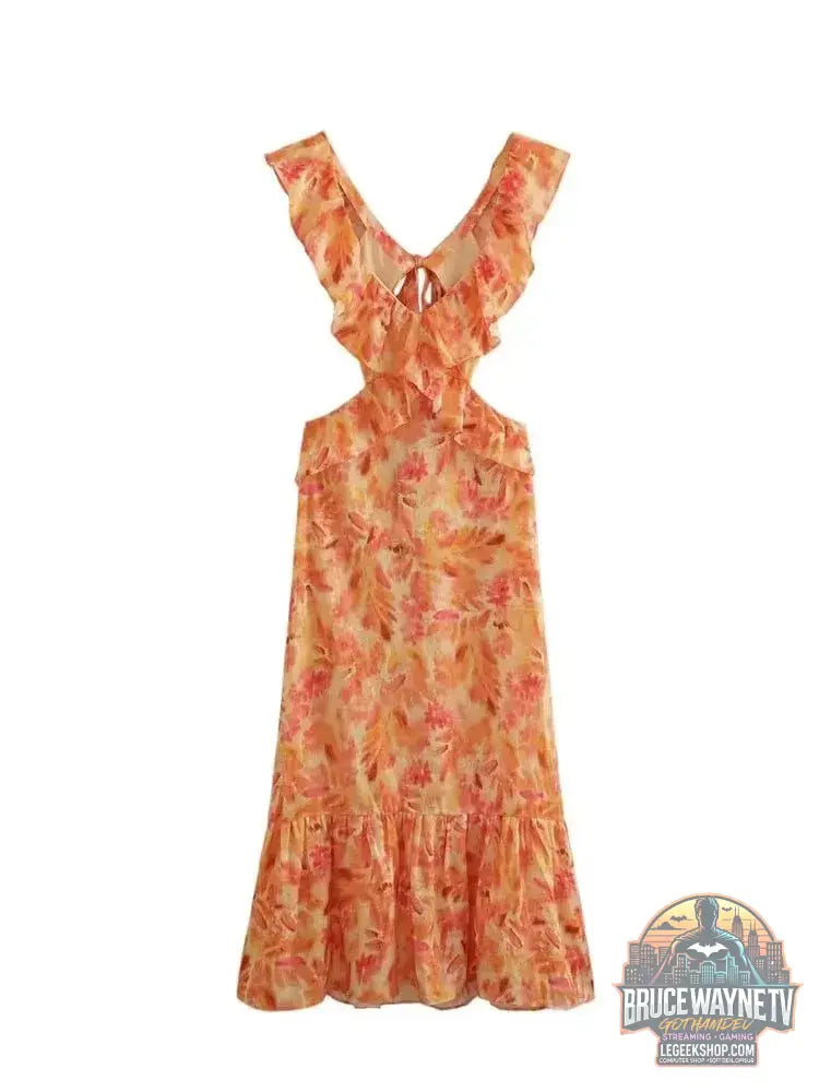 Robe longue Orange pour femmes mode d’été Sexy col en v sans manches dos nu imprimé à volants ajouré robes de plage