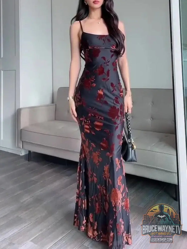 Robe Maxi Floquée Bretelles Sexy Slim Fit - Robe Femme