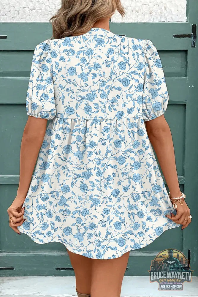 Sky Blue Leopard Contraste Bow Puff Sleeve Mini robe - Dresses/Mini Dresses