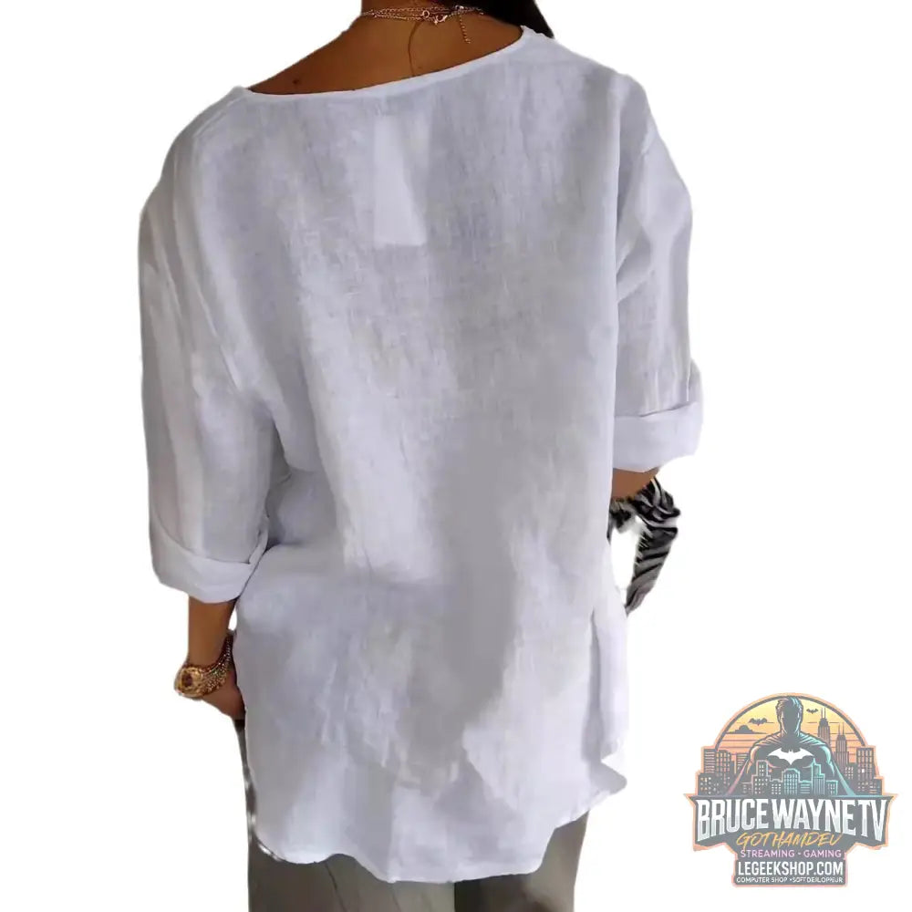 T-Shirt Femme Col V Manches Longues Coton Lin Boutons Décontracté - T-Shirt Femme