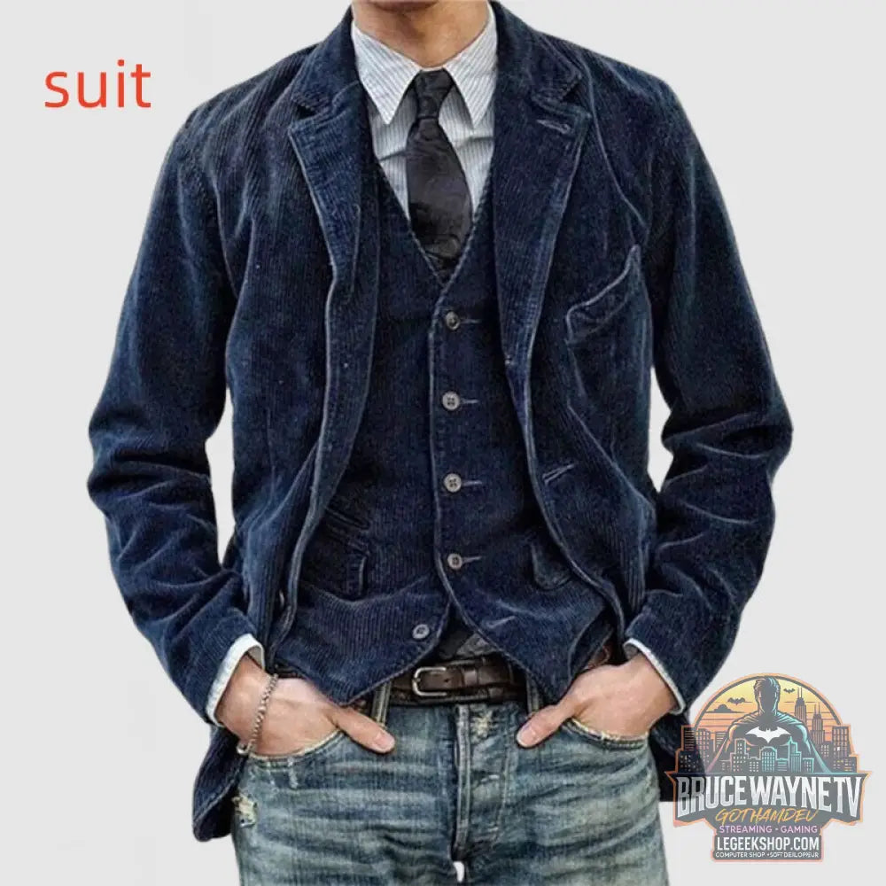 Veste Blazer Homme Velours Côtelé Hiver Casual Chaud Noir Marron Vert Bleu - Dark blue suit / L - Veste Homme